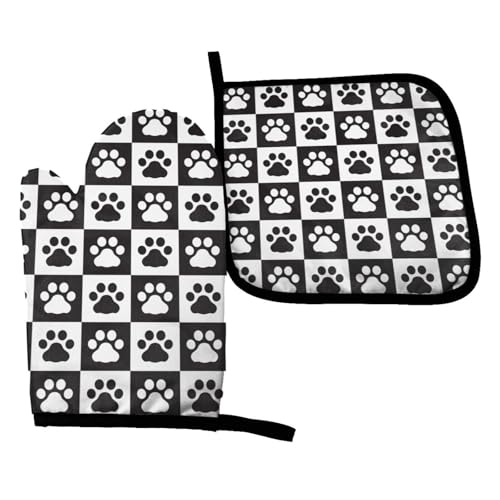Perinsto Dog Paws Oven Mitts & Pot Holders Kitchen Set Heat Resistant Black and White Footprints Checkered Background Decorative Cooking Gloves Microwave Oven Gloves for Baking Grilling BBQ - color: Dog Paws, size: Set of 2