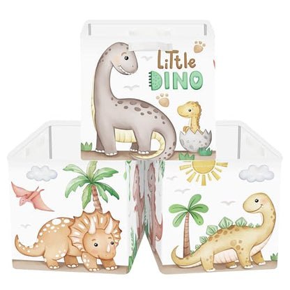 Clastyle 11.8" Dinosaur Storage Basket Set of 3 for Kid Boy Toy Clothes Bin | Collapsible Fabric Book Bin, Metal Frame Bottom Board, Cube Organizer, Closet Nursery Pantry Shelf Bedroom, Boho Brown Dino - color: Brown