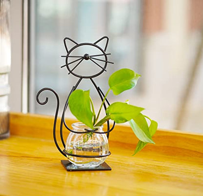 Desktop Cat Planter Propagation Station, Glass Vase Metal Stand | Cute Cat Metal Holder,Thoughtful Gift for Cat Lovers, Hydroponic Vase, Home Office Accent, Great for Small Plants & Cuttings - color: Cat
