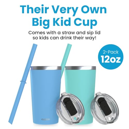 CUPKIN Reusable Cups with Lids, The Original Stackable 12 oz Stainless Steel Tumbler with Lid, Set of 2 Powder Coated Insulated Kids Tumblers, BPA Free Lids & Reusable Silicone Straws (Blue + Green) - color: Blue + Green, size: 12 Fl Oz (Pack of 2)