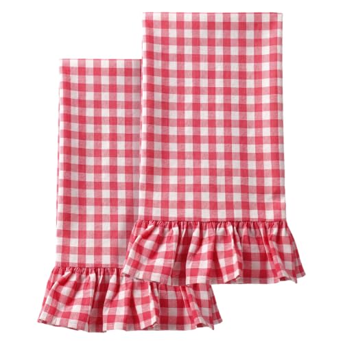 HunnmingRe Watermelon Pink Kitchen Towels Set of 2, 100% Cotton Ruffled Gingham Dish Towels 18"x28" Tea Cloths Classic Plaid Pattern for Farmhouse Charm, Drying Dishes, Entertaining Guests - color: Watermelon Pink, style: Gingham