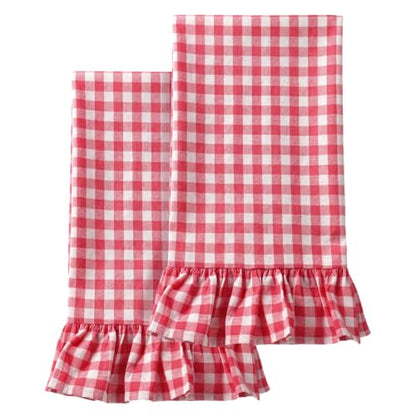 HunnmingRe Watermelon Pink Kitchen Towels Set of 2, 100% Cotton Ruffled Gingham Dish Towels 18"x28" Tea Cloths Classic Plaid Pattern for Farmhouse Charm, Drying Dishes, Entertaining Guests - color: Watermelon Pink, style: Gingham
