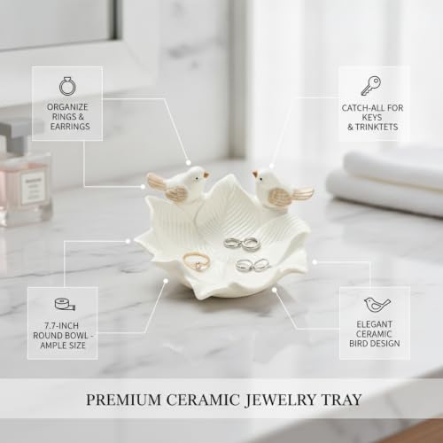Ceramic Jewelry Tray for Vanity, Decorative Catch-All Dish for Rings Earrings Keys, 7.7 Inch Round Bowl with Bird Design (1 PC)