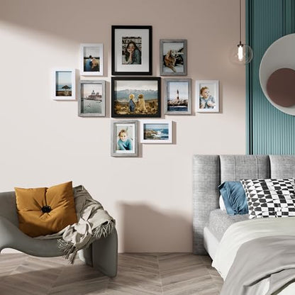 Vittanly 10 Pack Gallery Wall Frame Set, Black, Grey, White | Gallery Wall Frame Set: 2pcs 8x10, 4pcs 5x7 & 4pcs 4x6 Photos for Wall & Table, Picture Frames made of Engineered Wood - color: Black & Grey & White