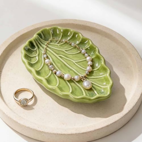 Nature Inspired Ceramic Jewelry Tray, 15 x 10 cm Green Catchall for Earrings Vanity Dresser Entryway Table Ac