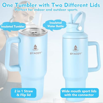 40 oz Tumbler with Handle and Straw or Convert to 40 oz Insulated Water Bottle Fits in Cup Holder. Stainless Steel Metal Water Flask with 2 Lids for Travel,Camping,Gym Sports Coffee Mug Thermal Cup - color: Blue Haze