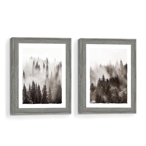 Bedroom Framed Tree Wall Art: Living Room Black and White Misty Forest Picture Small 2 Piece 8x10 Modern Bathroom Nature Landscape Mountain Artwork Vertical Home Pine Scenery Painting Print - color: Forest, size: 8"x10"x2Pcs
