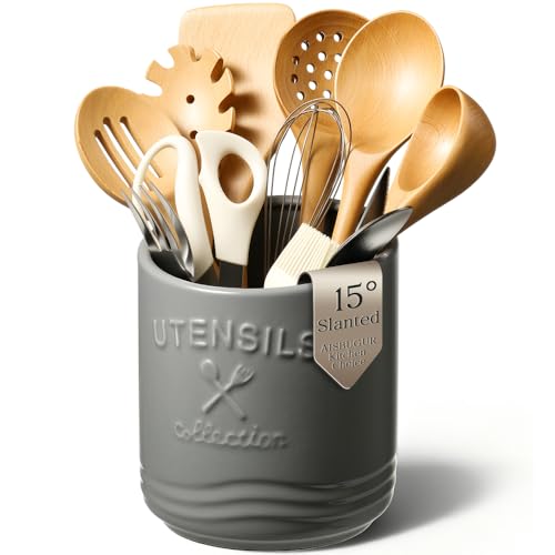 Large Ceramic Utensil Holder 7.5" H×6.3" W with Slanted Mouth - Utensil Crock with Non-Slip Cork Base for Kitchen Counter, Ideal for Decor & Gift,Grey - color: Grey