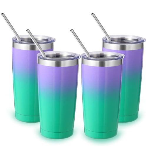 Volhoply 20oz Stainless Steel Tumbler with Lid and Straw Bulk 4 Pack,Double Wall Insulated Travel Iced Coffee Mug Fits Cup Holder,Powder Coated Cups for Cold Drinks,Gifts for Women（Purple Green,4 Set） - color: Purple Green