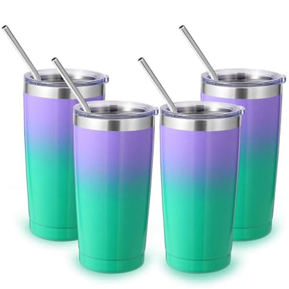Volhoply 20oz Stainless Steel Tumbler with Lid and Straw Bulk 4 Pack,Double Wall Insulated Travel Iced Coffee Mug Fits Cup Holder,Powder Coated Cups for Cold Drinks,Gifts for Women（Purple Green,4 Set） - color: Purple Green