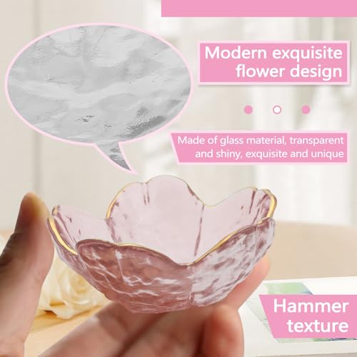 Huakaile 3 Pieces Flower Shape Glass Jewelry Plate Dish, Trinket Bowl for Rings Earrings, Decorative Small Jewelry Tray Dish Present for Wife Women Daughter (Pink Purple Transparent)