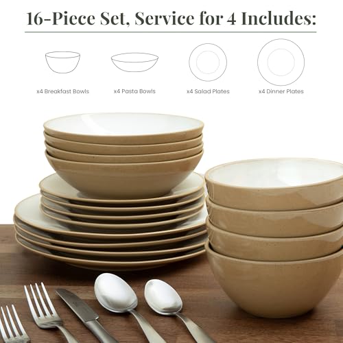 Larder & Vine Stoneware Dinnerware Set, 16 Piece, 4 Place Settings, Made in Portugal, Sand - color: Sand