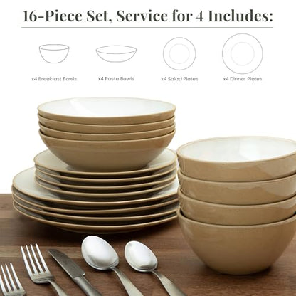 Larder & Vine Stoneware Dinnerware Set, 16 Piece, 4 Place Settings, Made in Portugal, Sand - color: Sand