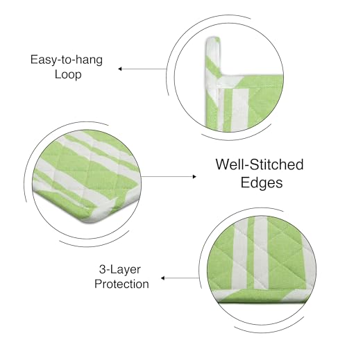 Encasa XO Pot Holders, Quilted Kitchen Hot Pads 8"x8" Franca Lime Stripes | 100% Eco-Friendly Cotton | Thick Cotton Padding Insulation | Convenient Hanging Loop | Set of 2 - color: Franca Lime Stripes