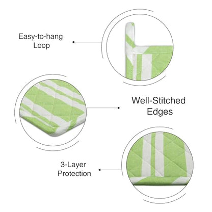 Encasa XO Pot Holders, Quilted Kitchen Hot Pads 8"x8" Franca Lime Stripes | 100% Eco-Friendly Cotton | Thick Cotton Padding Insulation | Convenient Hanging Loop | Set of 2 - color: Franca Lime Stripes