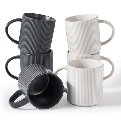 famiware Coffee Mug Set of 6, Star 16 oz Large Mugs Cup Set with Handle | Ceramic Mug for Coffee, Latte, Tea, Stackable Drinkware Set, Microwave & Dishwasher Safe, Matte White + Matte Dark Charcoal - color: Matte White + Matte Dark Charcoal, size: 6 Count