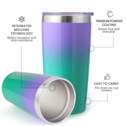 Volhoply 20oz Stainless Steel Tumbler with Lid and Straw Bulk 4 Pack,Double Wall Insulated Travel Iced Coffee Mug Fits Cup Holder,Powder Coated Cups for Cold Drinks,Gifts for Women（Purple Green,4 Set） - color: Purple Green