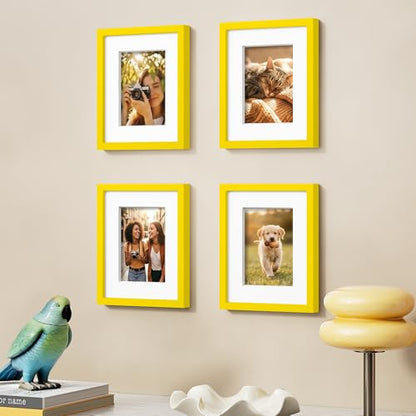 Vittanly Solid Wood 8x10 Picture Frames Set of 4, Yellow | 5x7 Picture Frame with Mat, Gallery Wall Frame Set, 8 x 10 Frame for Wall & Tabletop Display, Family, Pet, Christmas - color: Yellow, size: 8x10