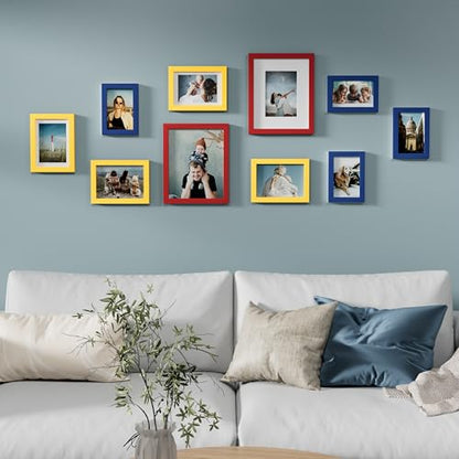 Vittanly 10 Pack Gallery Wall Frame Set, Red, Yellow, Blue | Gallery Wall Frame Set: 2pcs 8x10, 4pcs 5x7 & 4pcs 4x6 Photos for Wall & Table, Picture Frames made of Engineered Wood - color: Red & Yellow & Blue