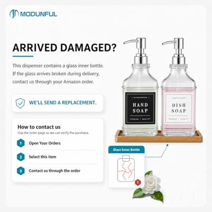 Clear Glass Soap Dispenser Set: Modunful 2 Pack 16.9oz Countertop Soap Dispenser with Bamboo Tray, Silicone Funnel & 60 Waterproof Stickers - for Kitchen Bathroom - color: Dm2647-silver
