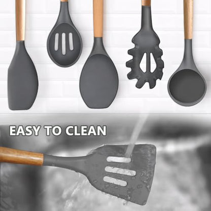 Kitchen Cooking Utensils Set, 6Pcs Silicone Kitchen Utensils Set Spatula Spoon Soup Ladle Turner, Heat Resistant Wooden Handle Silicone Cooking Gadgets for Nonstick Cookware & Baking BPA FREE - color: Gray, size: Standard 6-Piece Set