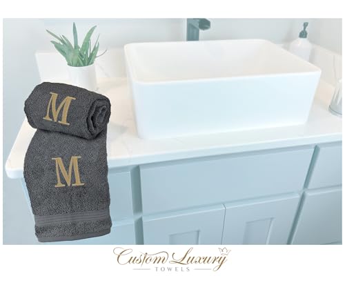 Grey Hand Towels for Bathroom with Monogram | Luxury Cotton Turkish Towels | Embroidered in USA | Set of 2 | Choose Set Color and Letter | A - Z | Modern Font - color: Grey