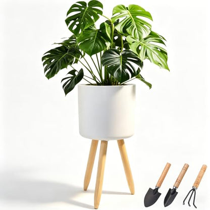 Plant Stand for Indoor Plants, Metal Planter Stand with Wooden Legs, White Flower Plant Pot Holder for Living Room, Office, Bedroom, Modern Home Decor