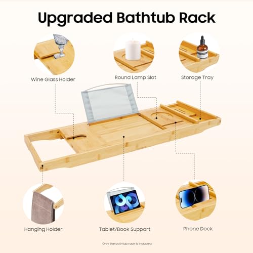 Bamboo Shelf, Expandable Bamboo Bathtub Tray with Wine Glass Holder & Tablet Stand, Adjustable 29.5-42.9 Inch Bath Caddy for Spa Relaxation, Home & Mothers Day & Birthday Gifts for Mom