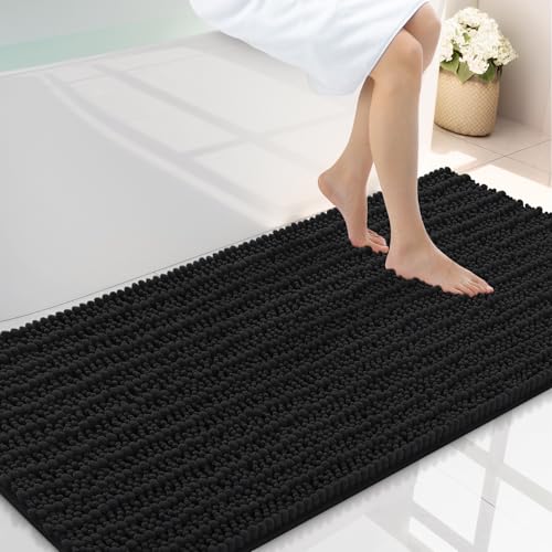 Smiry Bathroom Rugs 47X24, Extra Soft Rubber Backing Chenille Bath Mats | Black Machine Washable Non Slip Quick Dry Bath Mats for Bathroom Floor, Tub, Shower, Home Decor Accessories - color: Black, size: 47'' X 24''