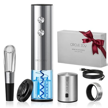 CIRCLE JOY Electric Wine Opener Rechargeable 5-in-1 Stainless Steel Wine Gift Set with Foil Cutter, Wine Aerator Pourer, Wine Drip Ring & Vacuum Stopper, Ideal Gifts for Wine Lovers, Silver - color: 5-in-1 Silver