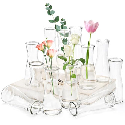 Set of 12 Small Glass Bud Vases, 6 Oz Mini Flower Vases Set | Clear Decorative Vases Table Centerpieces for Wedding, Single Stem Flowers, Dining Room Party Decor