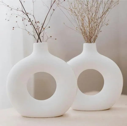 Handcrafted Ceramic Minimalist Vase, Donut Round Shape, Pampas Grass, Floral Holder, Modern Decor, Pair of 2