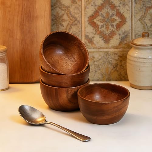 Solid Acacia Wood Bowls Set of 4, 4 Inch Wooden Serving Bowls - Handmade Ramekins for Dips, Charcuterie Board, Snacks & Salads | Farmhouse Kitchen Decor & Gift Idea - size: D 4.2'' x H 2.0''