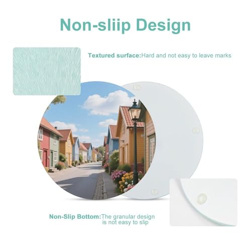 Cutting Board Colorful Wooden Houses Printed Cheese Delicatessen Cutting Board Round Tempered Glass Suitable for Kitchen Table Centerpiece