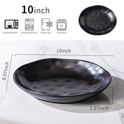 Ceramic Bowls Set of 2, Handcrafted Ceramic Plates Set | 10" Oval Serving Dishes Bowls | Large Serving Bowl Wide Shallow Bowl for Pasta, Salad, Cereal, Soup & Microwave & Dishwasher Safe, Matte Black - color: Thick Black