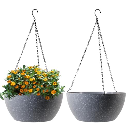 WSMKSZ 10 inch Hanging Planters for Outdoor Indoor Plants with Drainage Holes and Chain, 2 Pack Round Hanging Flower Plant Pots for Garden Home Porch Decor, Speckled Grey - color: Speckled Grey, size: 10inch 2pcs