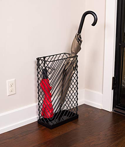 BIRDROCK HOME Decorative Umbrella Stand with Removable Water Tray - Large Metal Umbrella Rack and Cane Walking Stick Organizer for Entryway - Umbrella Holder for Indoor & Outdoor - Black, Diagonal - style: Diagonal