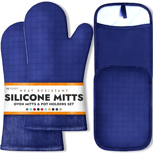 BPA-Free Soft Silicone 4 Piece Oven Mitts & Pot Holders Set - Ultra Heat Resistant Oven Mitts with Thick Cotton Liner - Long Slip Resistant Pot Holders, Flexible Oven Gloves - Navy - color: Navy Blue, size: 4-Piece Oven Mitts & Pot Holders Set
