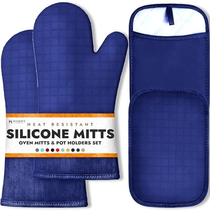 BPA-Free Soft Silicone 4 Piece Oven Mitts & Pot Holders Set - Ultra Heat Resistant Oven Mitts with Thick Cotton Liner - Long Slip Resistant Pot Holders, Flexible Oven Gloves - Navy - color: Navy Blue, size: 4-Piece Oven Mitts & Pot Holders Set