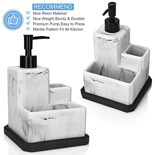 Soap Dispenser with Sponge Holder and Brush Holder,White Marble 3 in 1 Liquid Hand Dish Soap Dispenser and Sponge Holder Sink Caddy Organizer for Kitchen Bathroom,Removable Bottom Tray