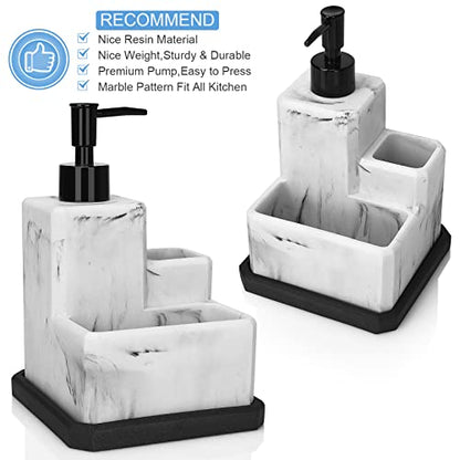Soap Dispenser with Sponge Holder and Brush Holder,White Marble 3 in 1 Liquid Hand Dish Soap Dispenser and Sponge Holder Sink Caddy Organizer for Kitchen Bathroom,Removable Bottom Tray