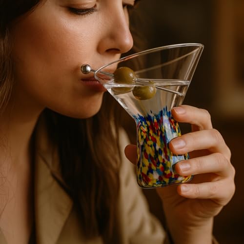 Large Stemless Martini Glasses – Set of 2-8oz Luxury Hand Blown Confetti Margarita, Martinis, Cocktails, Water, Wine, Dessert & Champagne Glasses Cinco de Mayo, Hand Blown - Mexican Confetti Glass - style: Mexican Confetti Martini Glass