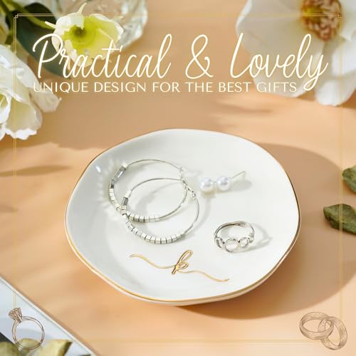InnoBeta Jewelry Tray, Initial Ring Dish, Ceramic Trinket Dish, Letter R | 4.75-inch ceramic initial dish with a gold-tone rim organizes rings, earrings, and small jewelry on a vanity. - color: R