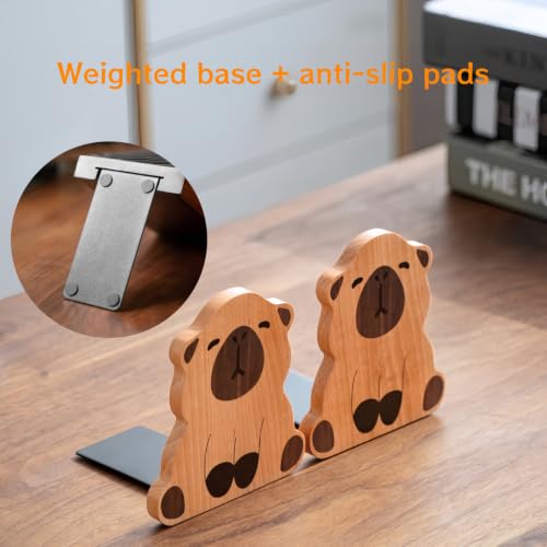 2-Pack Capybara Beech Bookends, 4.9x4.4in | Solid Wood, Natural Grain, Non-Slip Base, Ready to Use, for Shelves/Desk/Kids Room - color: Capybara
