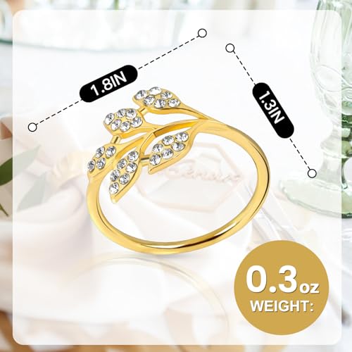 6Pcs Gold Alloy Leaf Napkin Rings, Decorative Napkin Ring Holders | Shiny White Rhinestone Gold Napkin Rings, Decor for Weddings, Daily Dining Tables & Curtain Styling