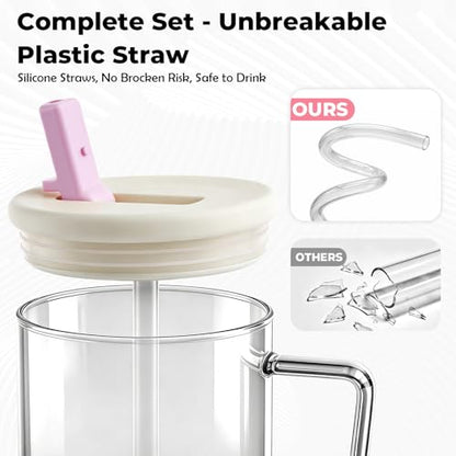 40oz Glass Tumbler with Flip Straw Lid, Handle, Silicone Sleeve, Beige | Leakproof Lid, Fits Car Cup Holder Glass for Iced Coffee, Water, Cold Drinks, Travel, Outdoor, Partys&Home - color: White