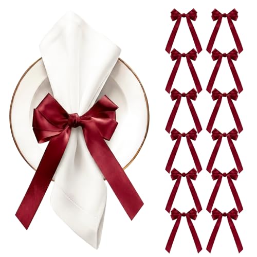 Bow Napkin Rings Set of 12 Burgundy Ribbon Candlestick Decor | Ribbon Charm for Wine Glasses Candle Holders Gift Wrap, Wedding Bridal Shower Party Table Decor, Bulk Ties Coquette Aesthetic - color: Burgundy