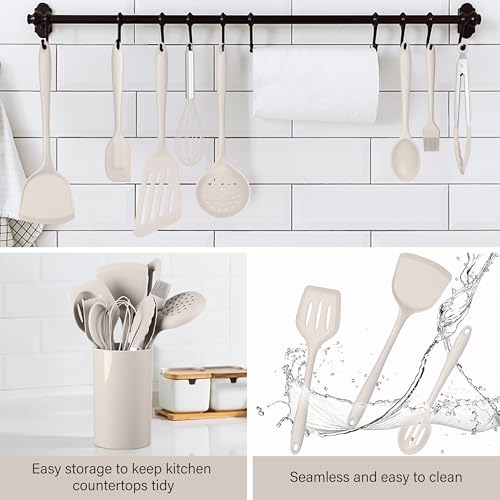 HaWare 11 PCS Silicone Cooking Utensils Set, Heat Resistant Kitchen Utensils with Holder, Food-grade Spatula Sets for Nonstick Cookware, Kitchen Tools Gadgets Include Fish Turner, Spoon (Khaki) - color: Khaki