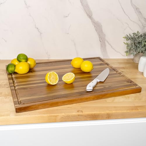 happimess Eldridge Extra Large 24" x 18" Acacia Cutting Board, Natural | Handcrafted, 1 Inch Thick, Reversible Design, Juice Grooves, Authentic Wood Grain, Rectangular, Farmhouse Style - color: Natural, size: 24"L x 18"W