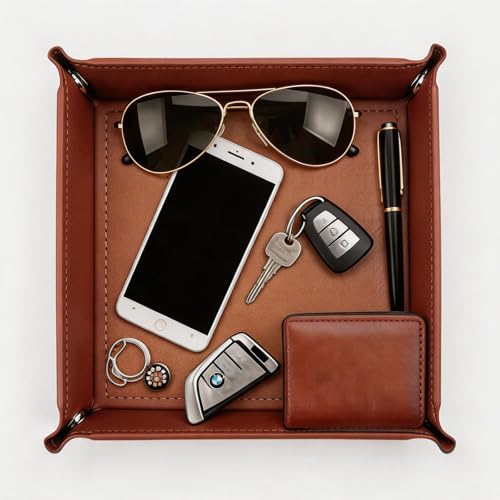 Valet Tray Desktop Storage Organizer – Vegan Leather Catchall Tray Bedside Vanity Tray Nightstand Caddy Holder for Remote Controller, Watch, Keys, Phone, Wallet, Coin, Jewelry, Brown - color: Brown